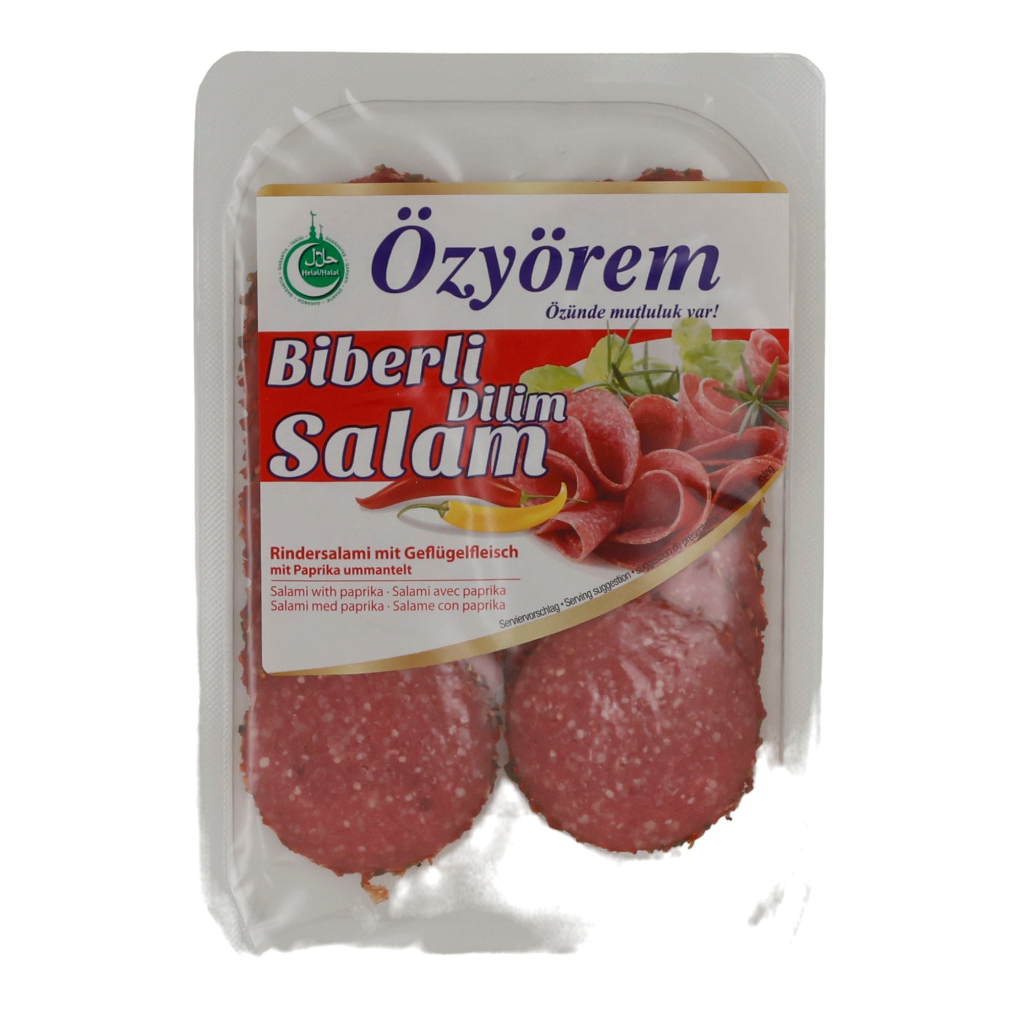 Rindersalami Özyörem Paprika-Salami | Halal | Mit Geflügelfleisch, geräuchert und mit Paprika ummantelt | 80 g OEZYOEREM